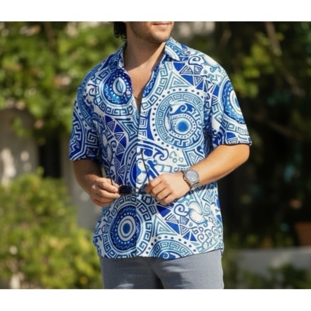 Kenny Flowers Greece Lightning Shirt Mens XXL Blue Mandala Print Short Sleeve